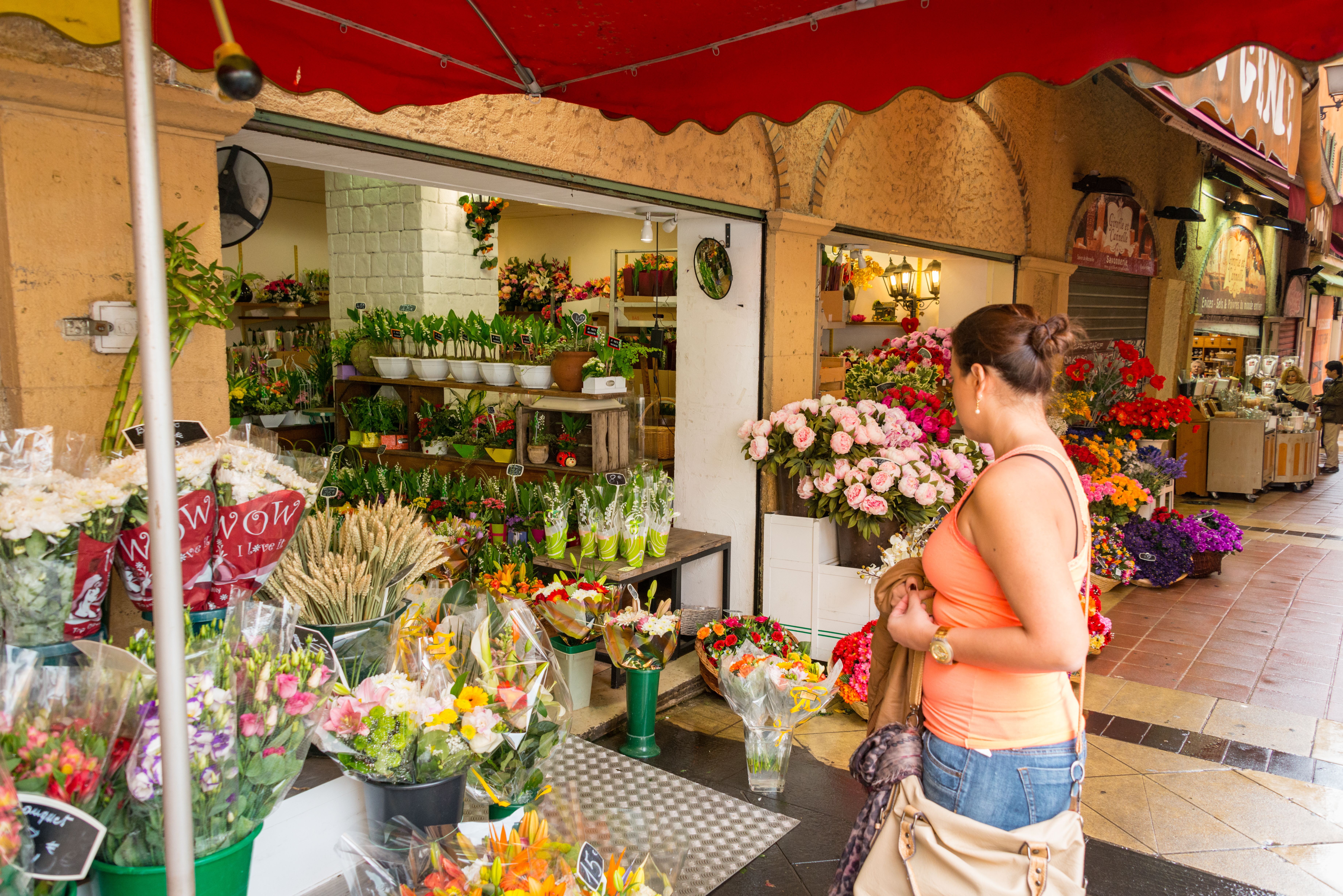Inside view of our flower shop with fresh arrangements